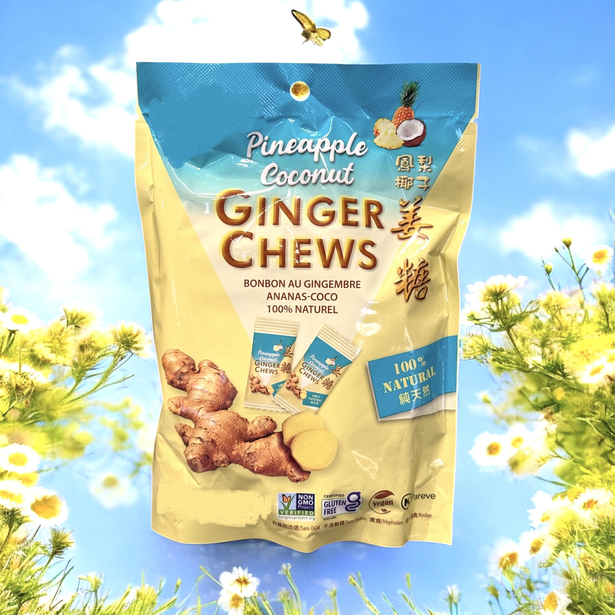 Generic brand close-up of soft ginger chew texture highlighting gentle chewability benefit
