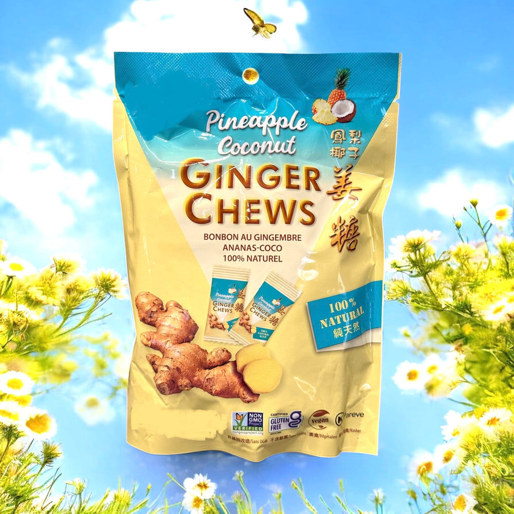 Generic brand close-up of soft ginger chew texture highlighting gentle chewability benefit