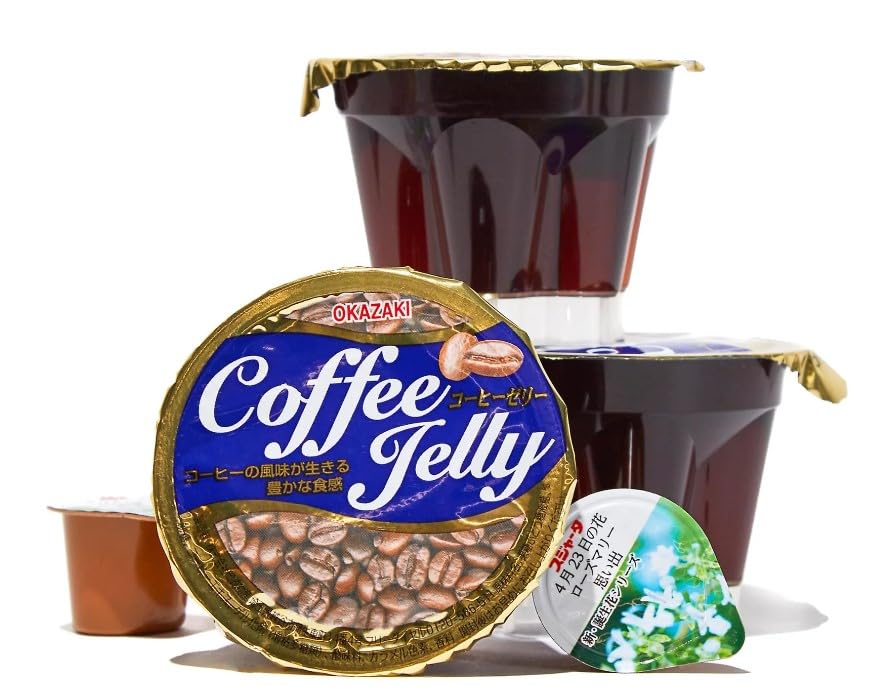Generic brand opened Japanese coffee jelly cup top view showing glossy gel and ready-to-eat benefit