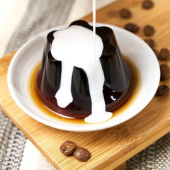 Generic brand spoon lifting coffee jelly to show springy texture and satisfying mouthfeel