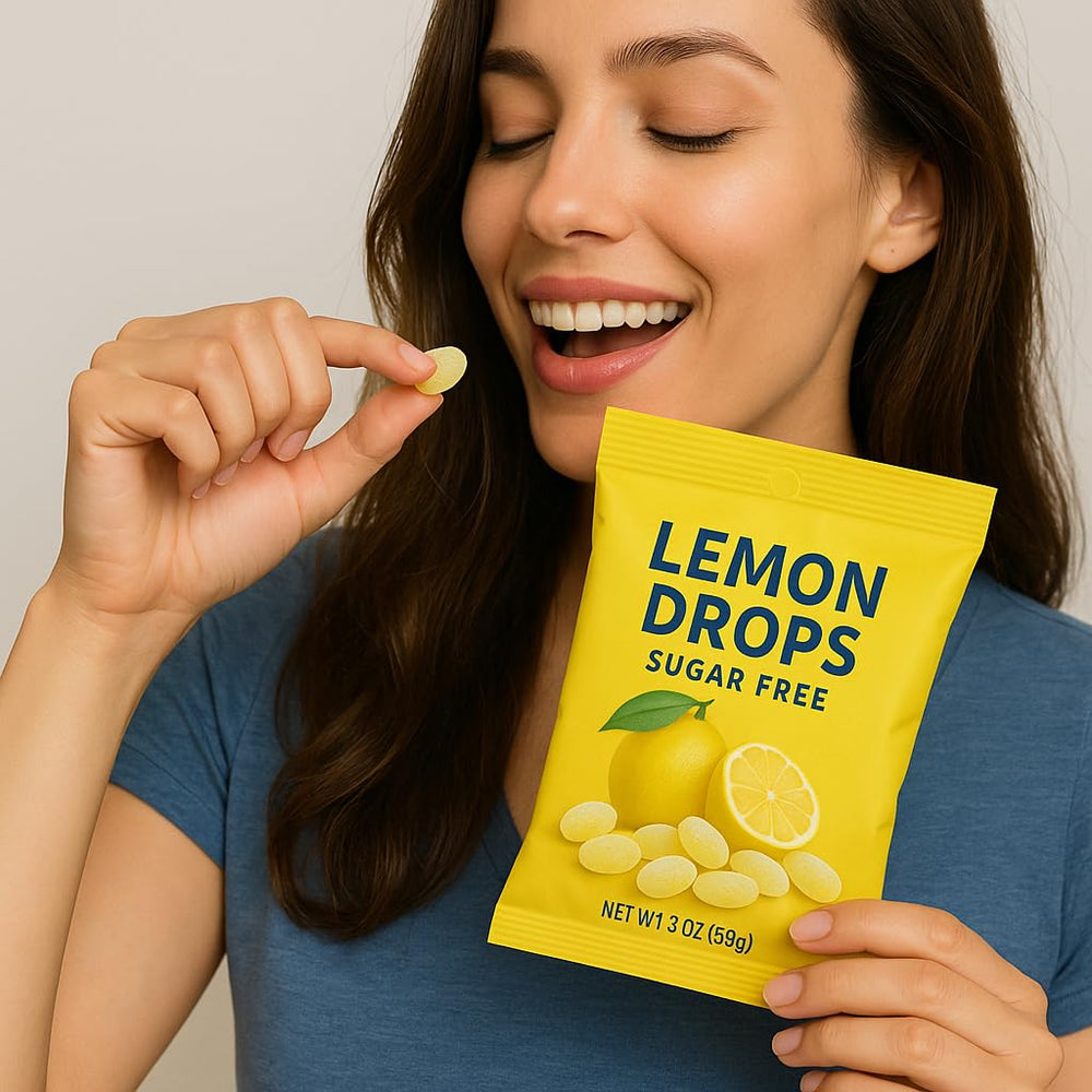 Generic lemon drops close-up disc texture highlighting brand and long-lasting crunch