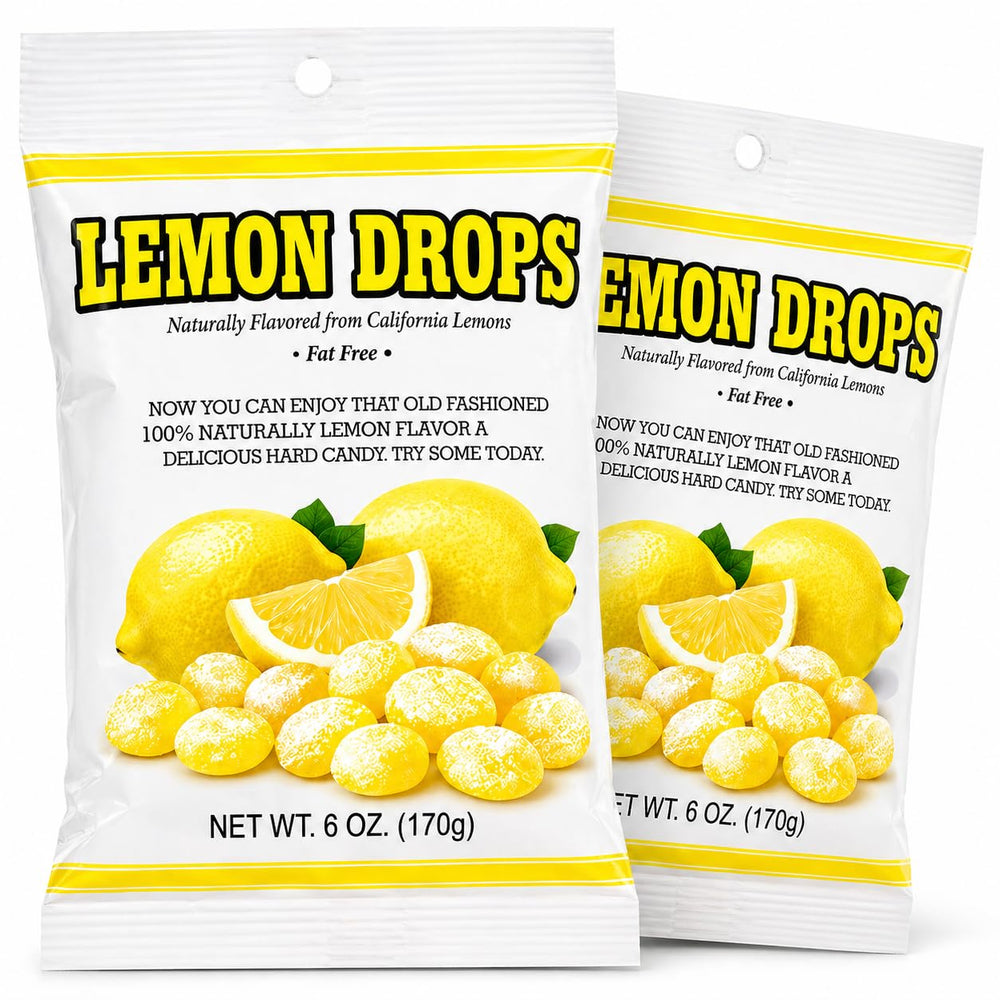 Generic brand front packaging showing two 6 oz lemon drops bags, convenient bulk
