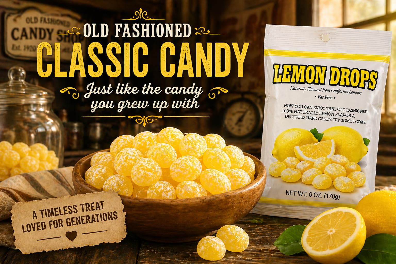 Generic brand single lemon drop profile on white, slow-dissolving texture