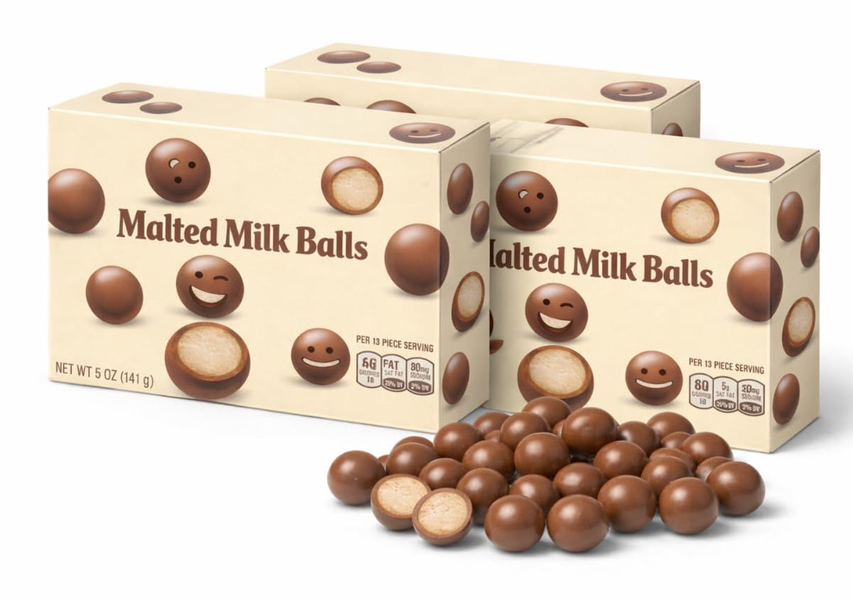Generic malted milk balls front packaging showing resealable box and shareable benefit