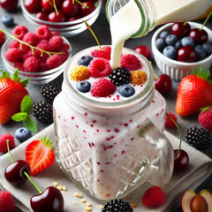 Generic milk kefir grains being strained through sieve benefit: demonstrates easy reuse