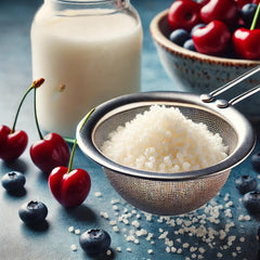 Generic milk kefir grains close-up texture showing gelatinous grains benefit: visible freshness