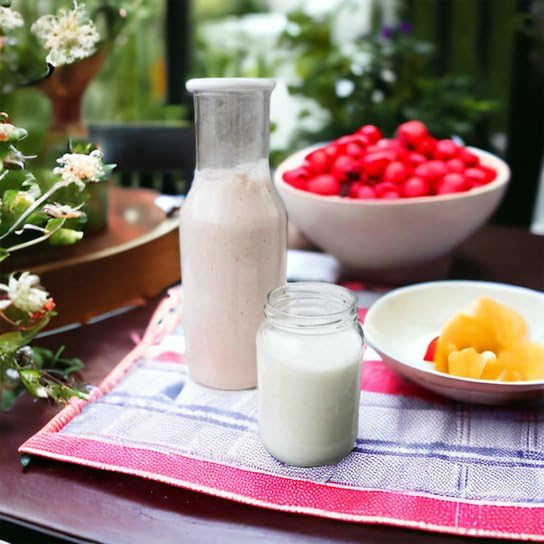 Generic milk kefir grains next to tablespoon for scale benefit: shows recommended one-tablespoon start