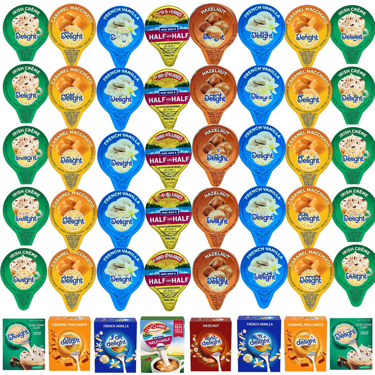 Generic front packaging of 50-count creamer singles showing variety and convenience