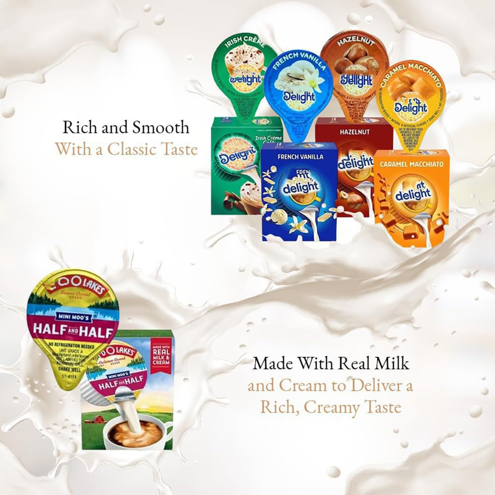 Generic creamer singles displayed on office breakroom tray for guest convenience