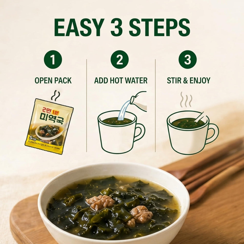 Generic Miyeokguk label close-up showing ingredients and clear instructions