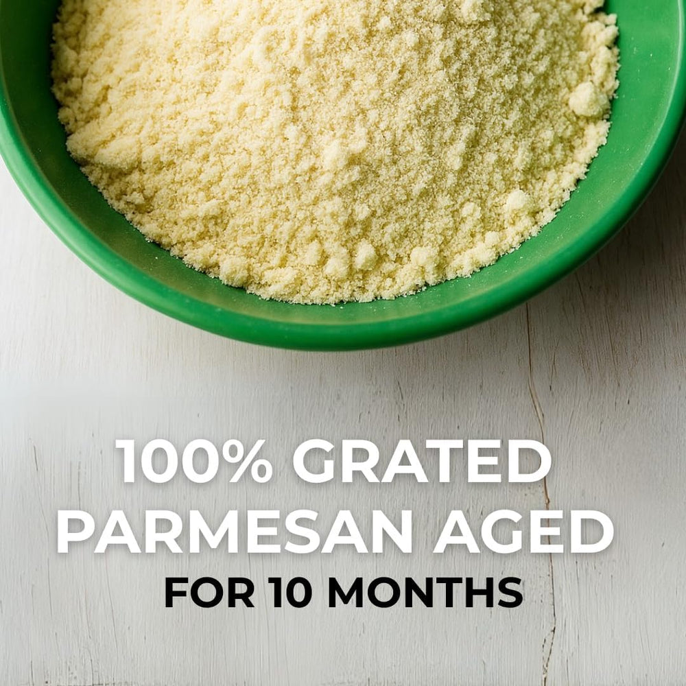 Generic Parmesan sprinkled on pasta, instant flavor lift and finishing touch benefit
