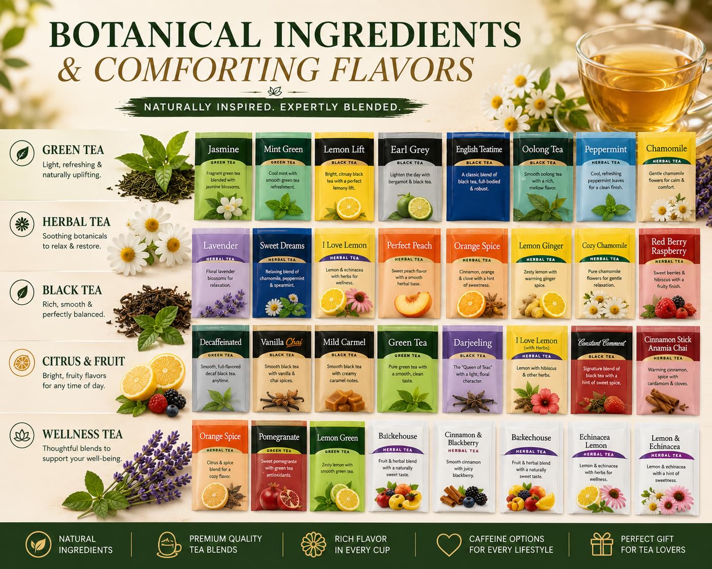 Generic brand tea bag label close-up showing blend name and easy selection