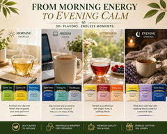 Generic brand assortment spread of black green herbal and decaf teas visible