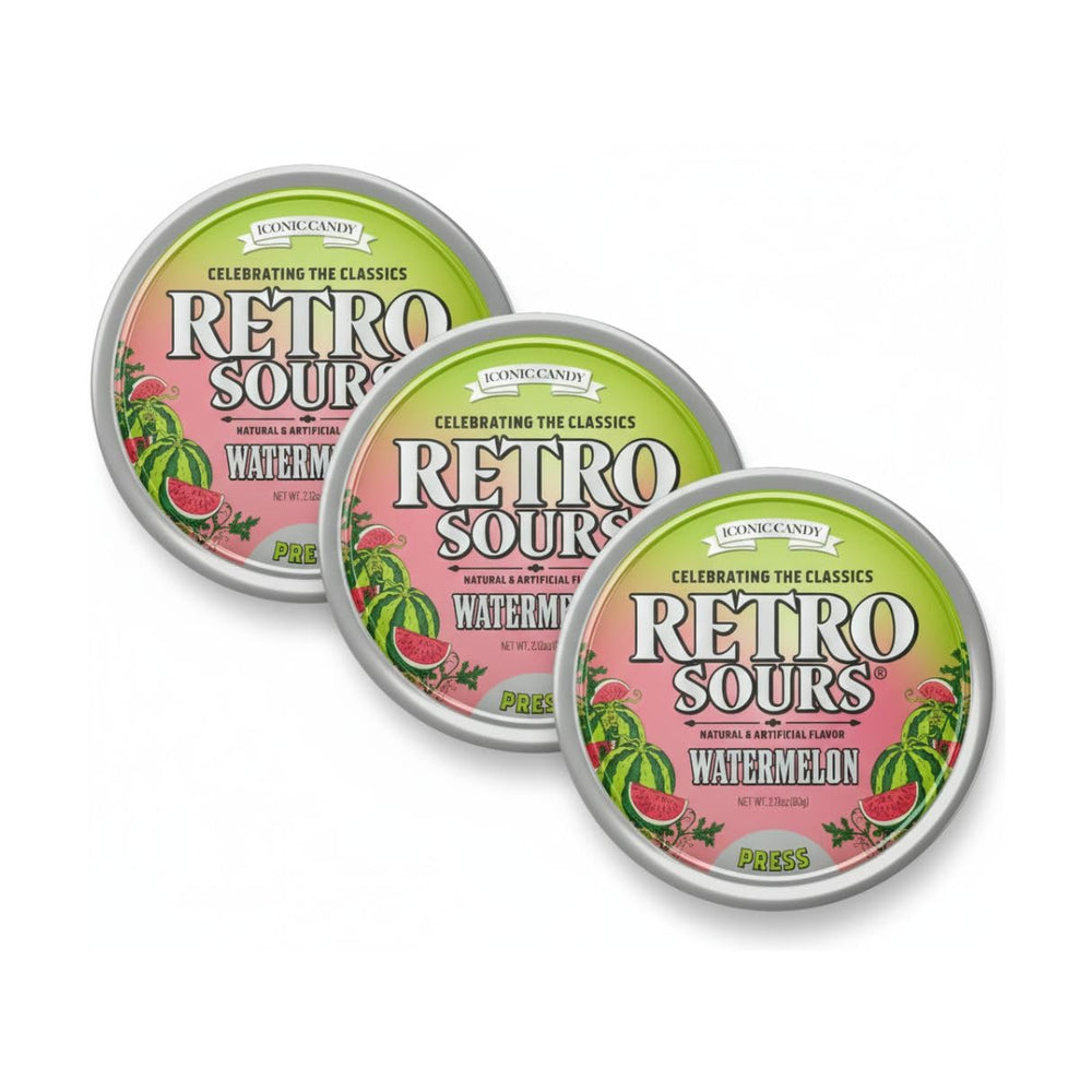 Generic Retro Sours front tin showing watermelon label and easy grab-and-go portability