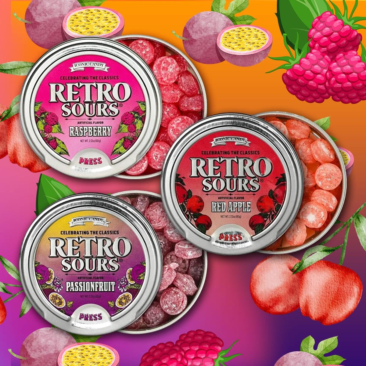 Generic Retro Sours front tin showing Raspberry Apple Passionfruit trio, great gift appeal