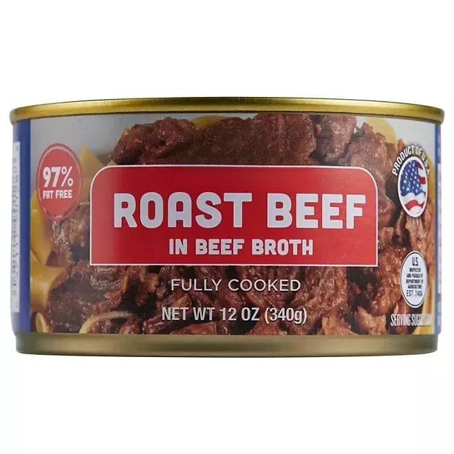 Close-up of Generic roast beef slices in broth showing tender texture and moisture