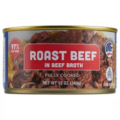 Close-up of Generic roast beef slices in broth showing tender texture and moisture