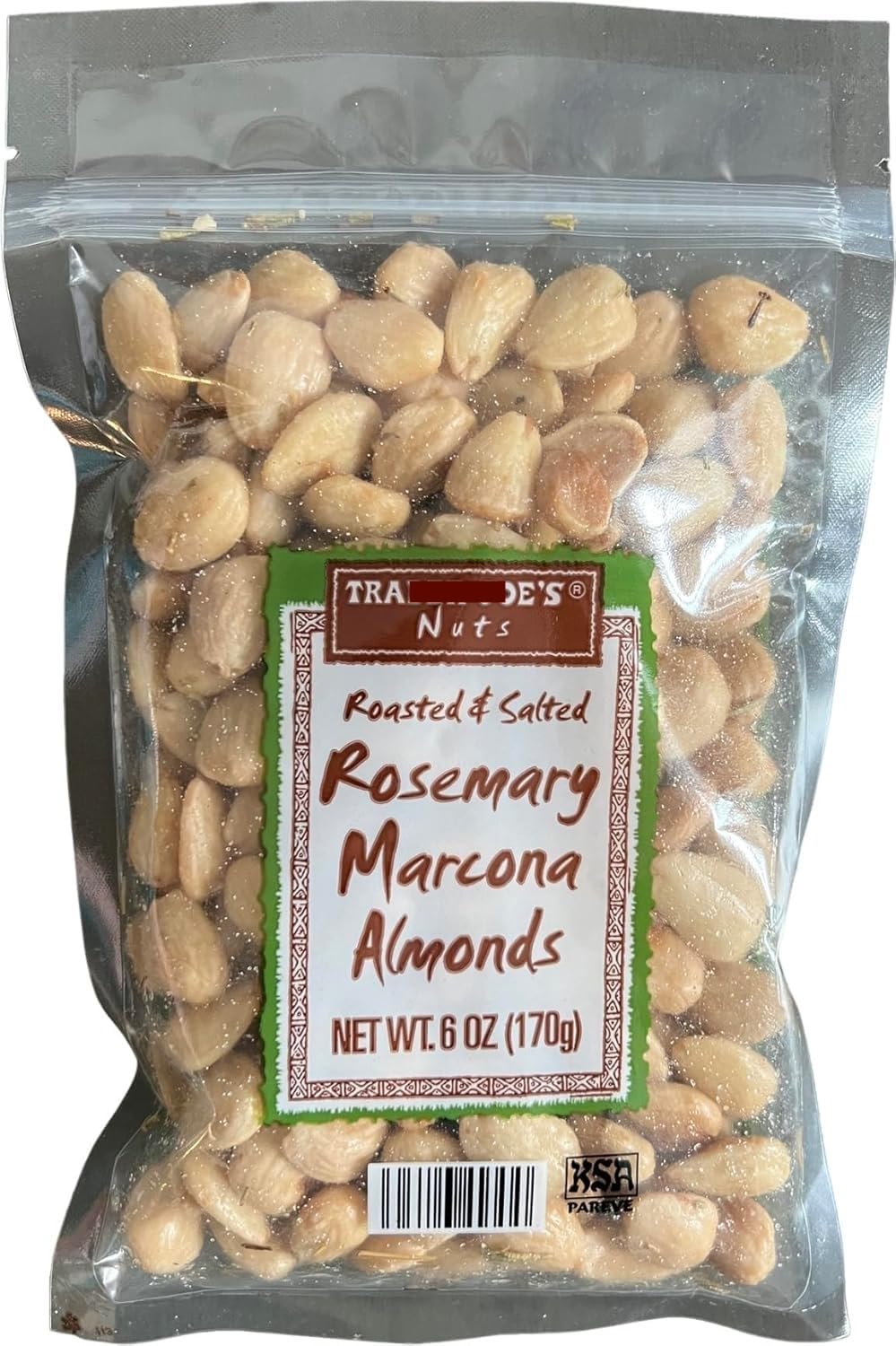 Generic front packaging showing rosemary Marcona almonds and freshness benefit