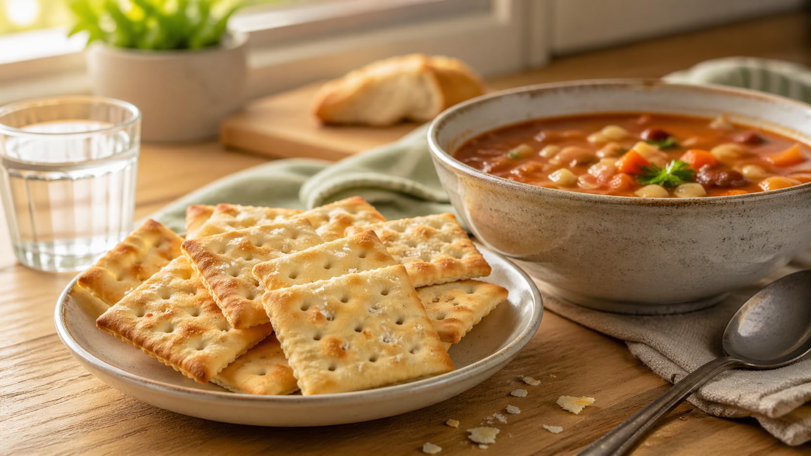Generic crackers served with soup demonstrating pairings and meal enhancement