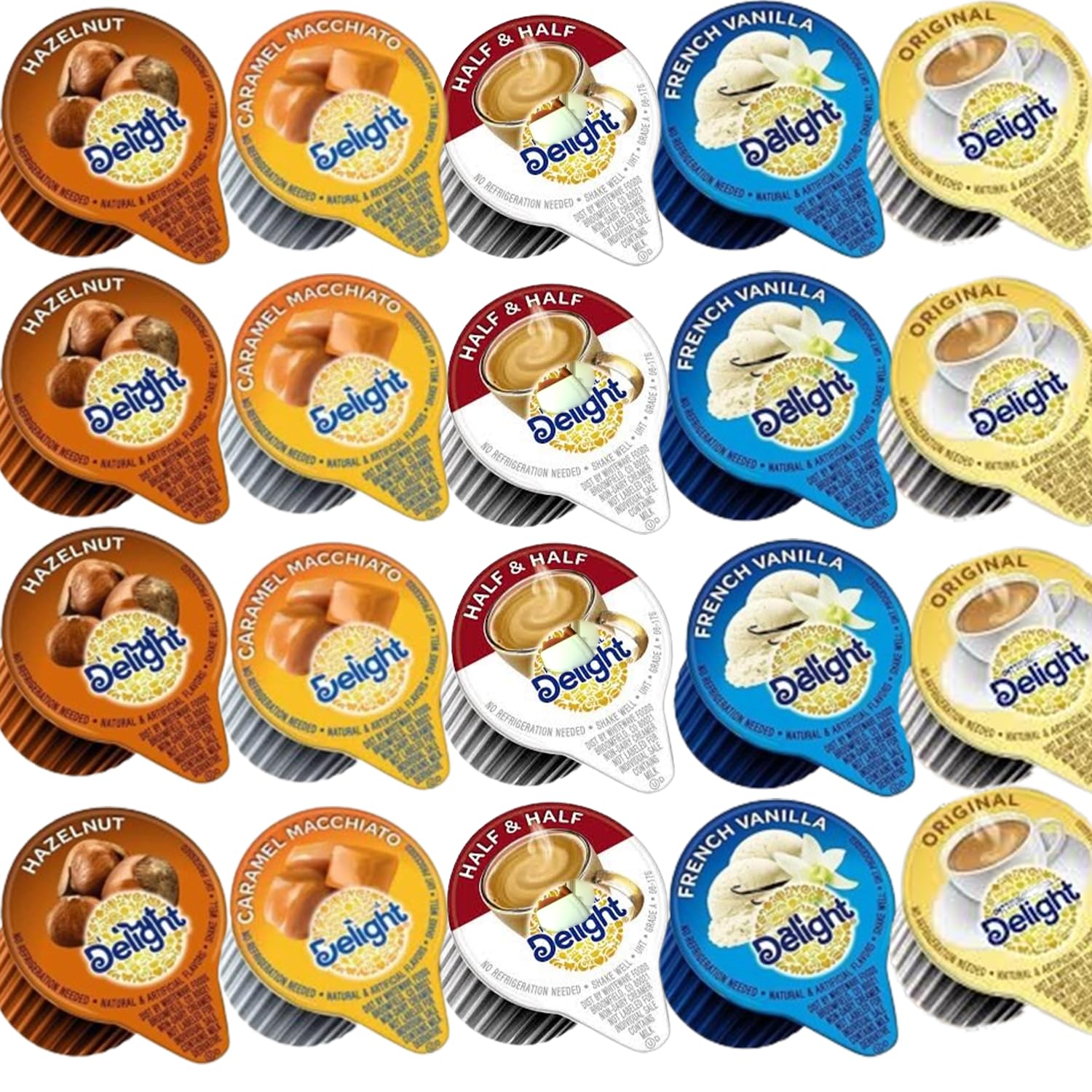 Generic creamer pack front view showing flavors and easy serving benefit
