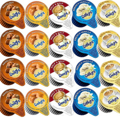 Generic creamer pack front view showing flavors and easy serving benefit