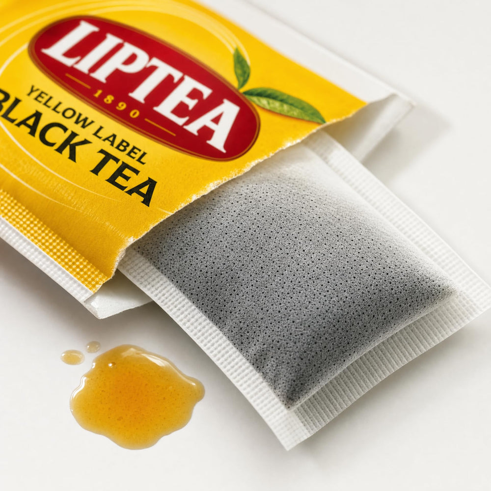 Generic tea bag next to teaspoon showing single-bag portion size