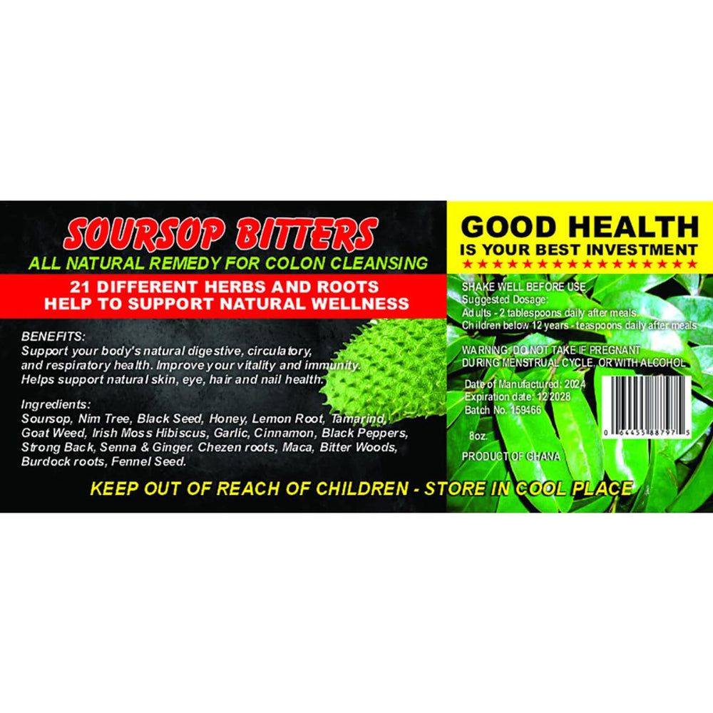 Generic soursop bitters serving lifestyle shot with teaspoon and glass illustrating everyday use