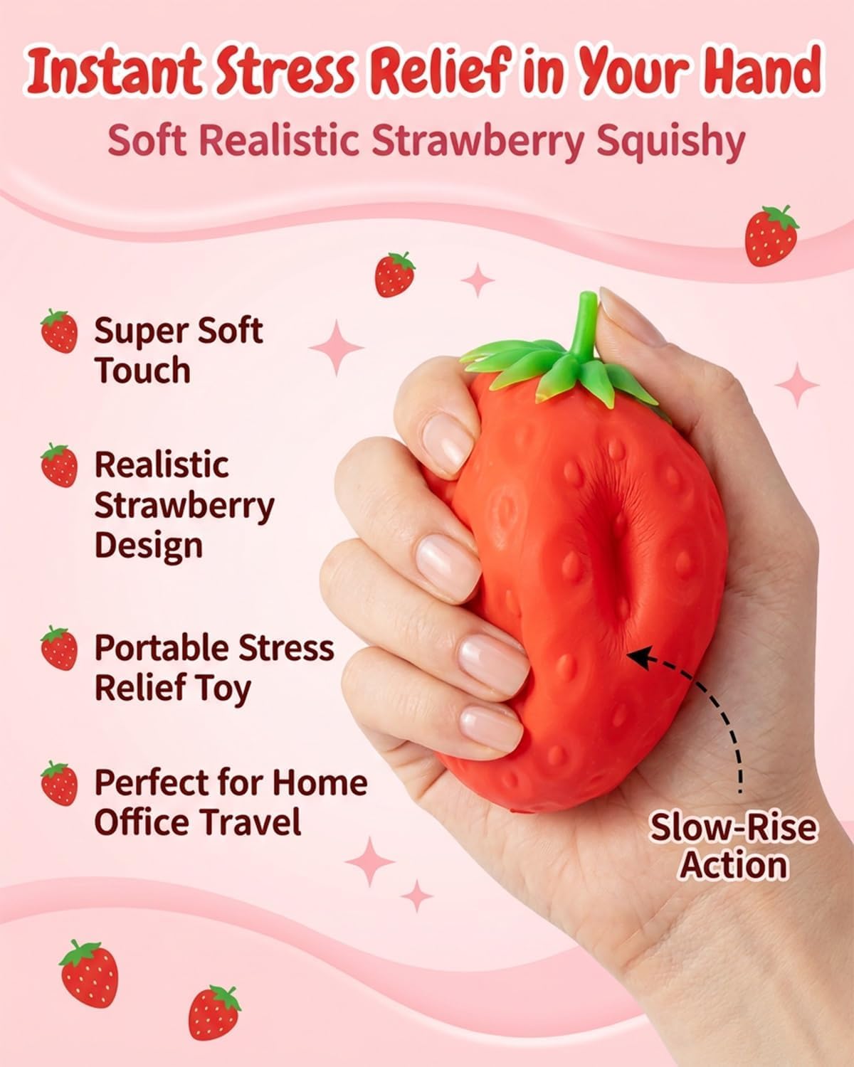 Generic strawberry squishy in hand demonstrating satisfying squeeze benefit
