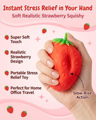 Generic strawberry squishy in hand demonstrating satisfying squeeze benefit