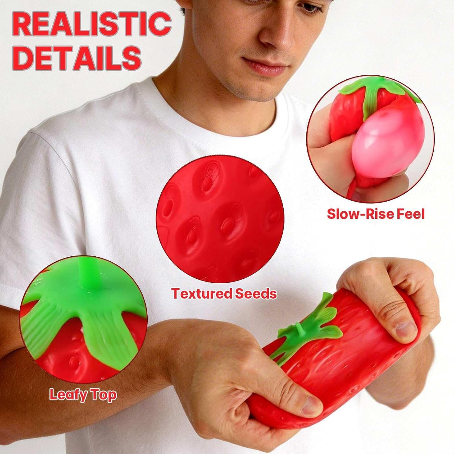 Generic strawberry squishy detail showing molded seeds and realistic look