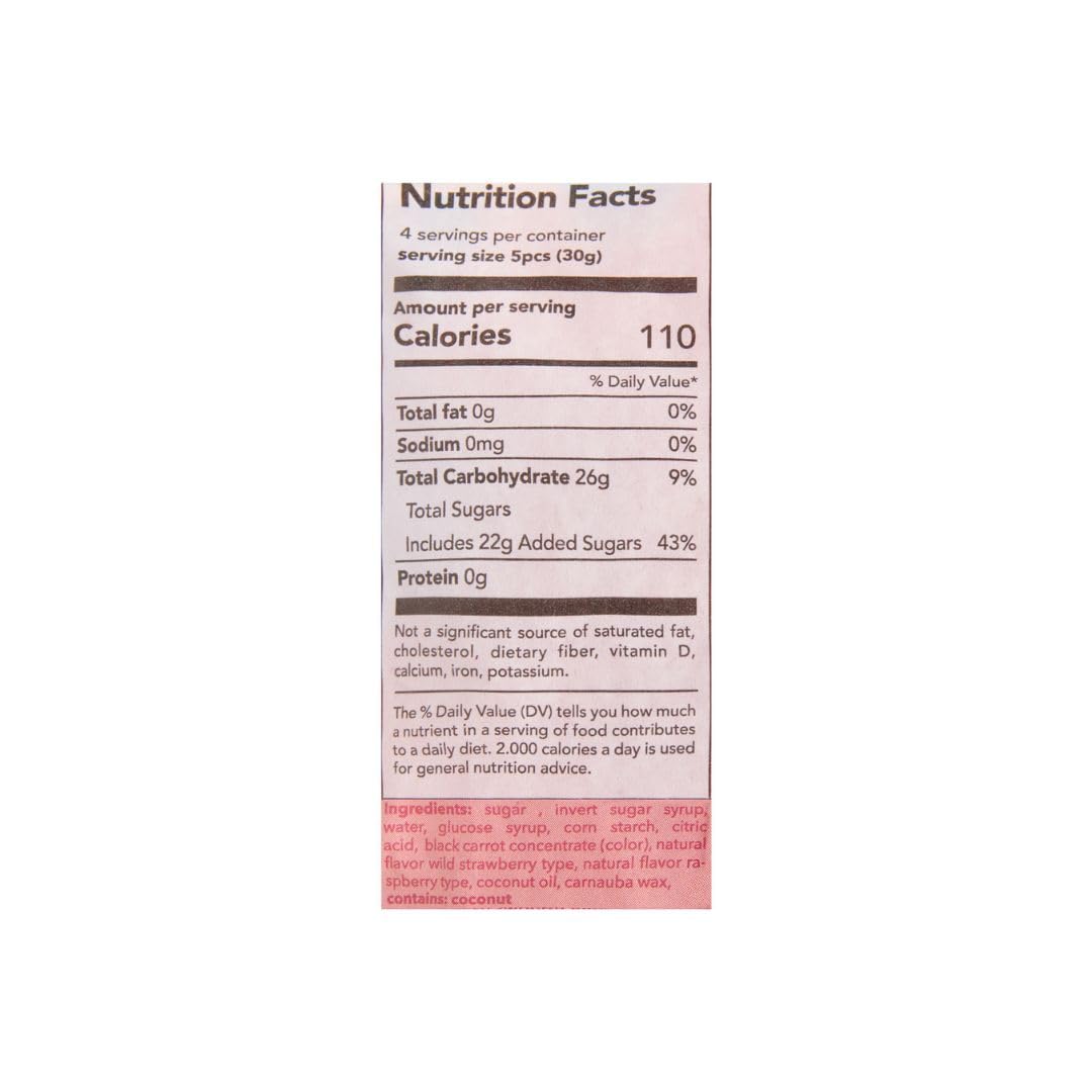 Generic brand close-up of fish-shaped sour gummies showing texture and vibrant berry color