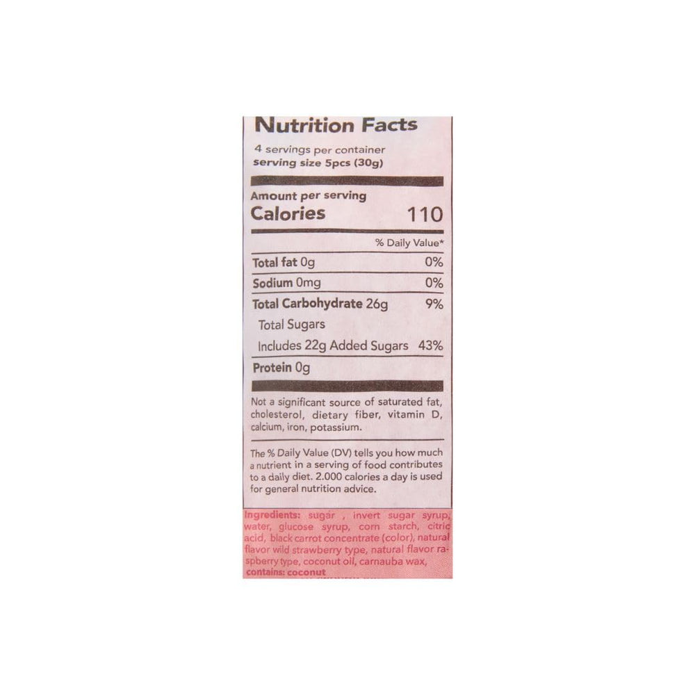 Generic brand close-up of fish-shaped sour gummies showing texture and vibrant berry color