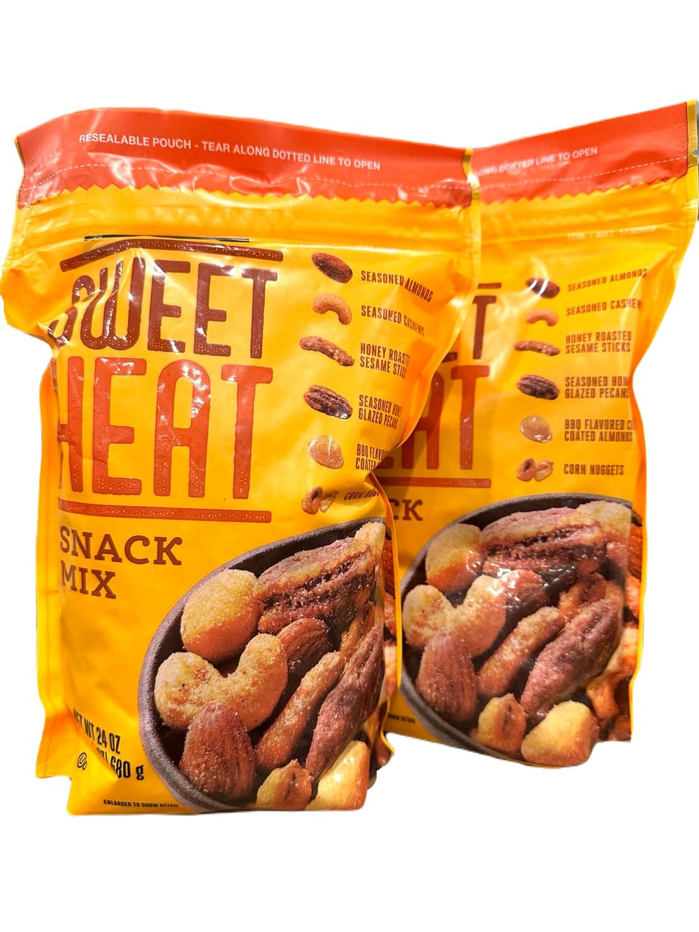 Generic sweet and spicy snack mix front packaging showing resealable bag and 24oz label benefits portability