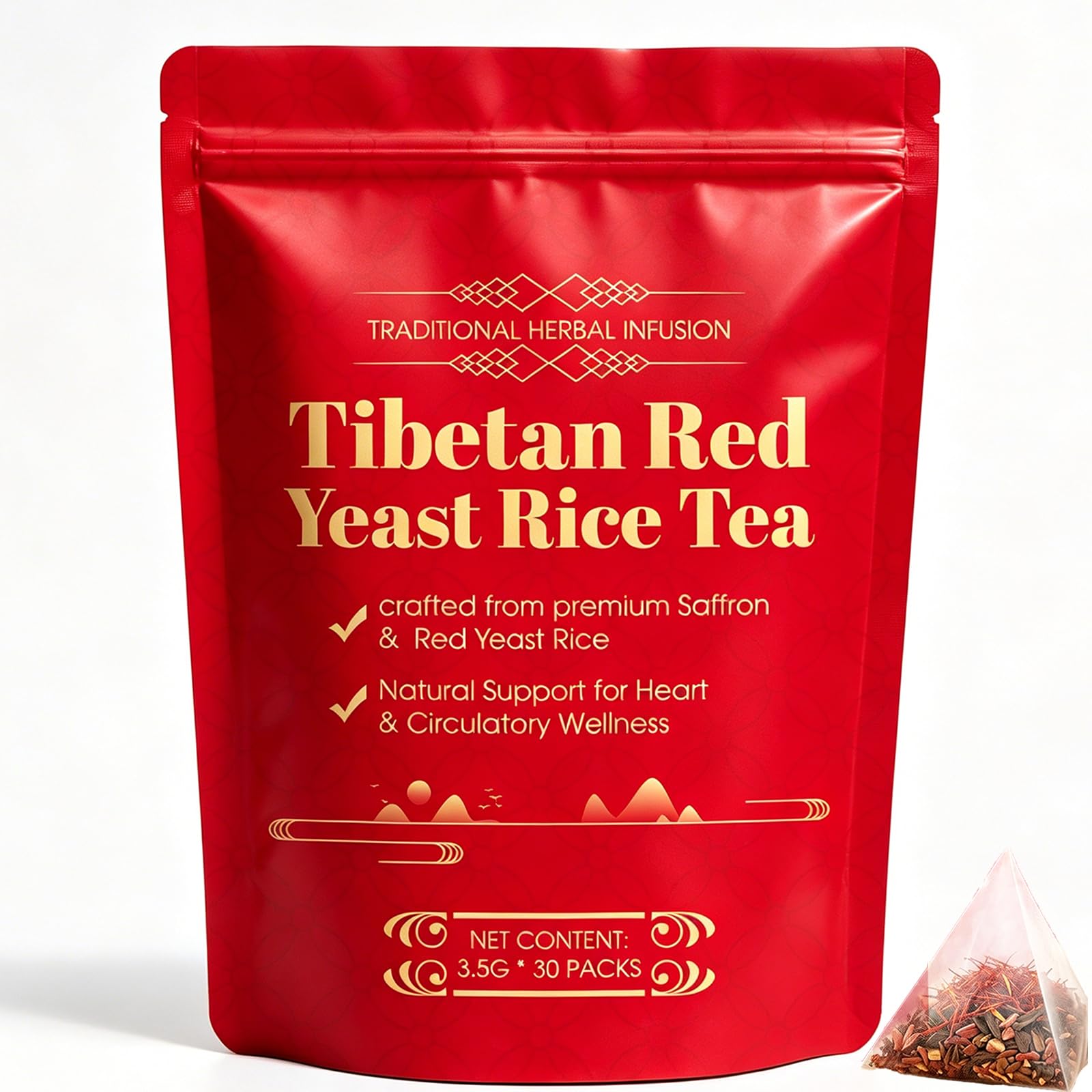 Generic Tibetan Red Yeast Rice Tea front pack shows ingredients and convenience