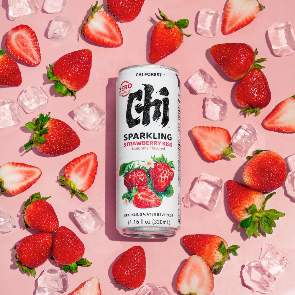 GENKI FOREST front packaging showing CHI FOREST strawberry can and bold branding for easy identification