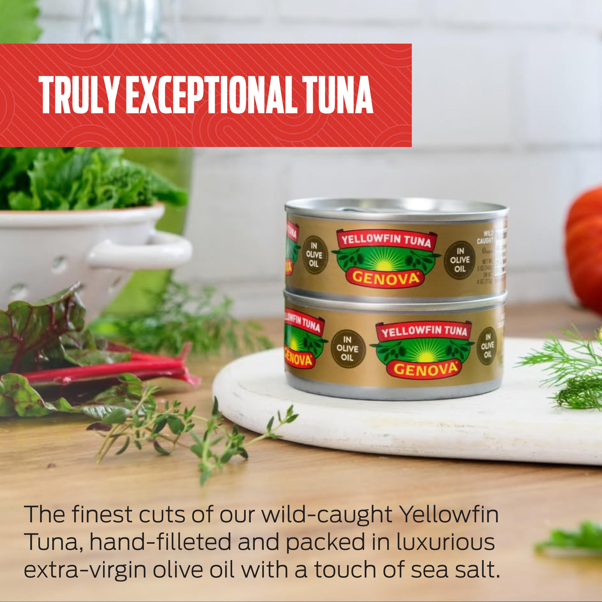 Genova olive oil pouring over tuna emphasizing rich mouthfeel