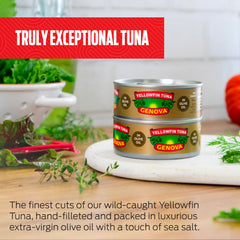 Genova olive oil pouring over tuna emphasizing rich mouthfeel