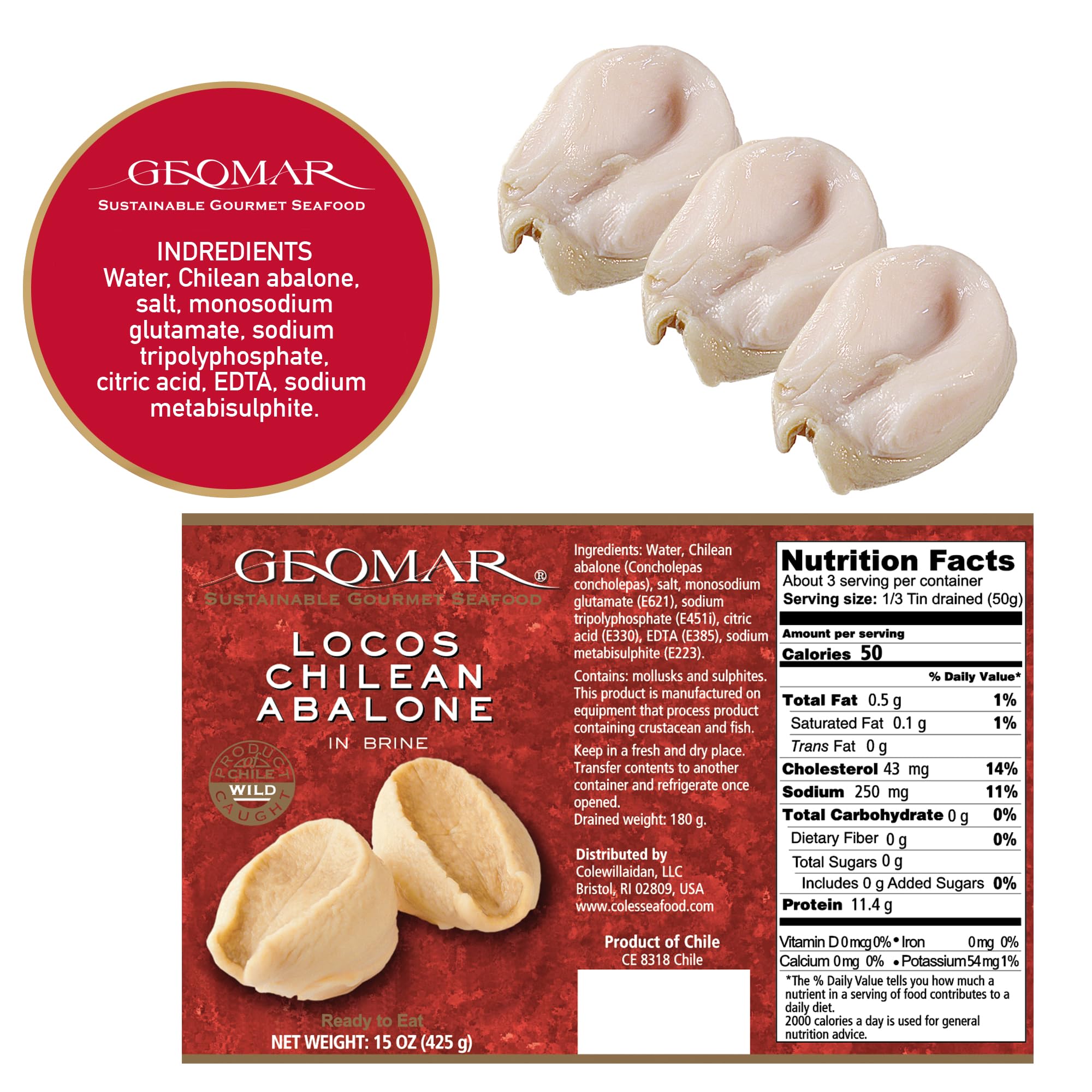 GEOMAR locos open can with three abalone in brine highlighting ready-to-eat convenience