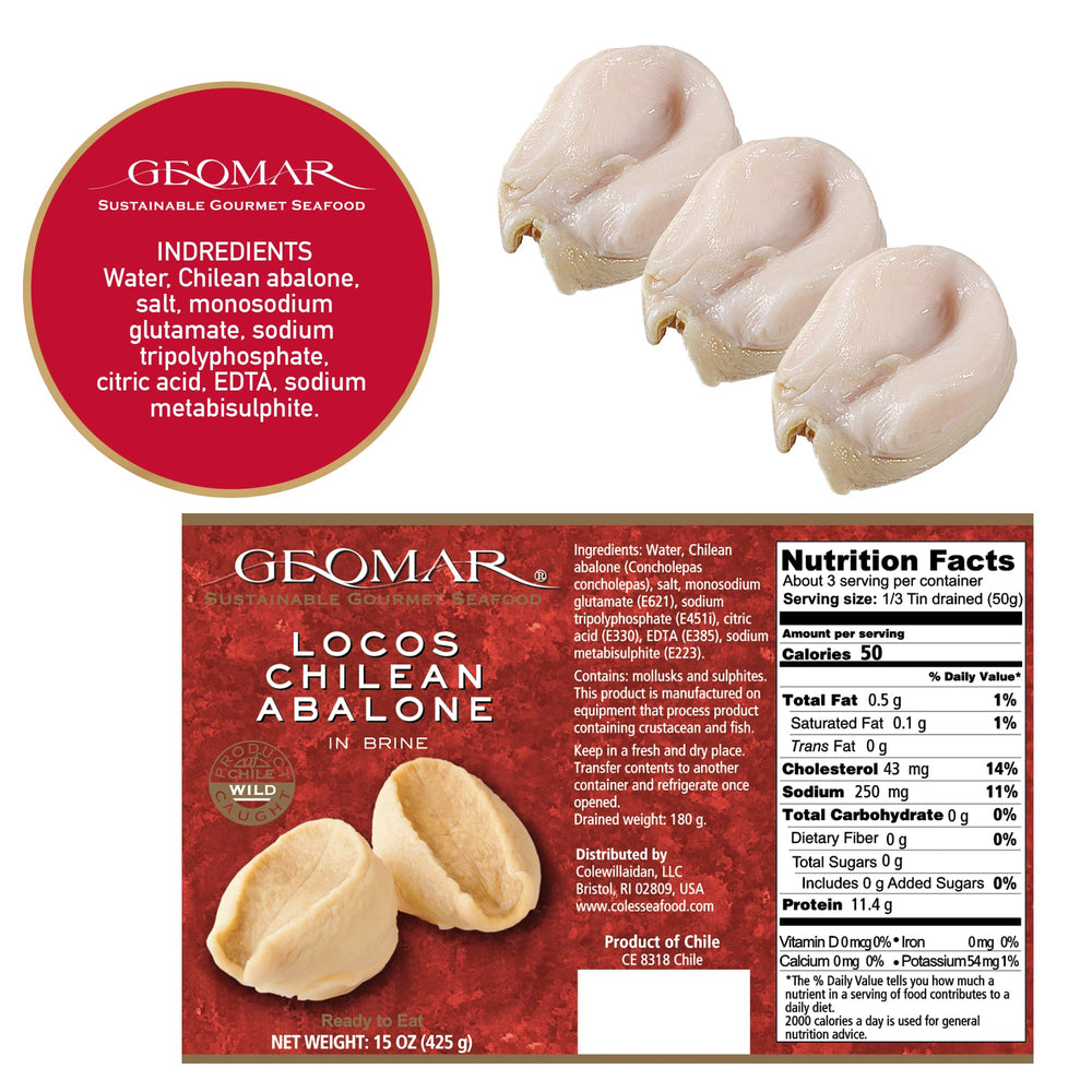 GEOMAR locos open can with three abalone in brine highlighting ready-to-eat convenience
