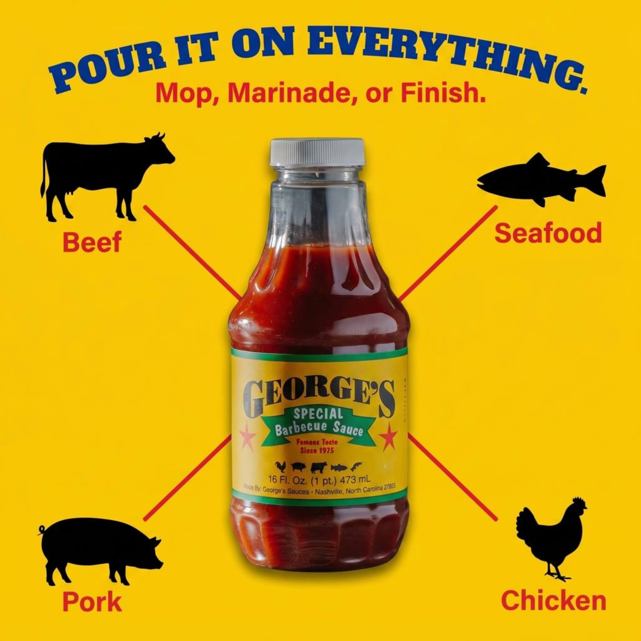 George's Sauces bottle beside a hand for scale showing convenient 16 oz size