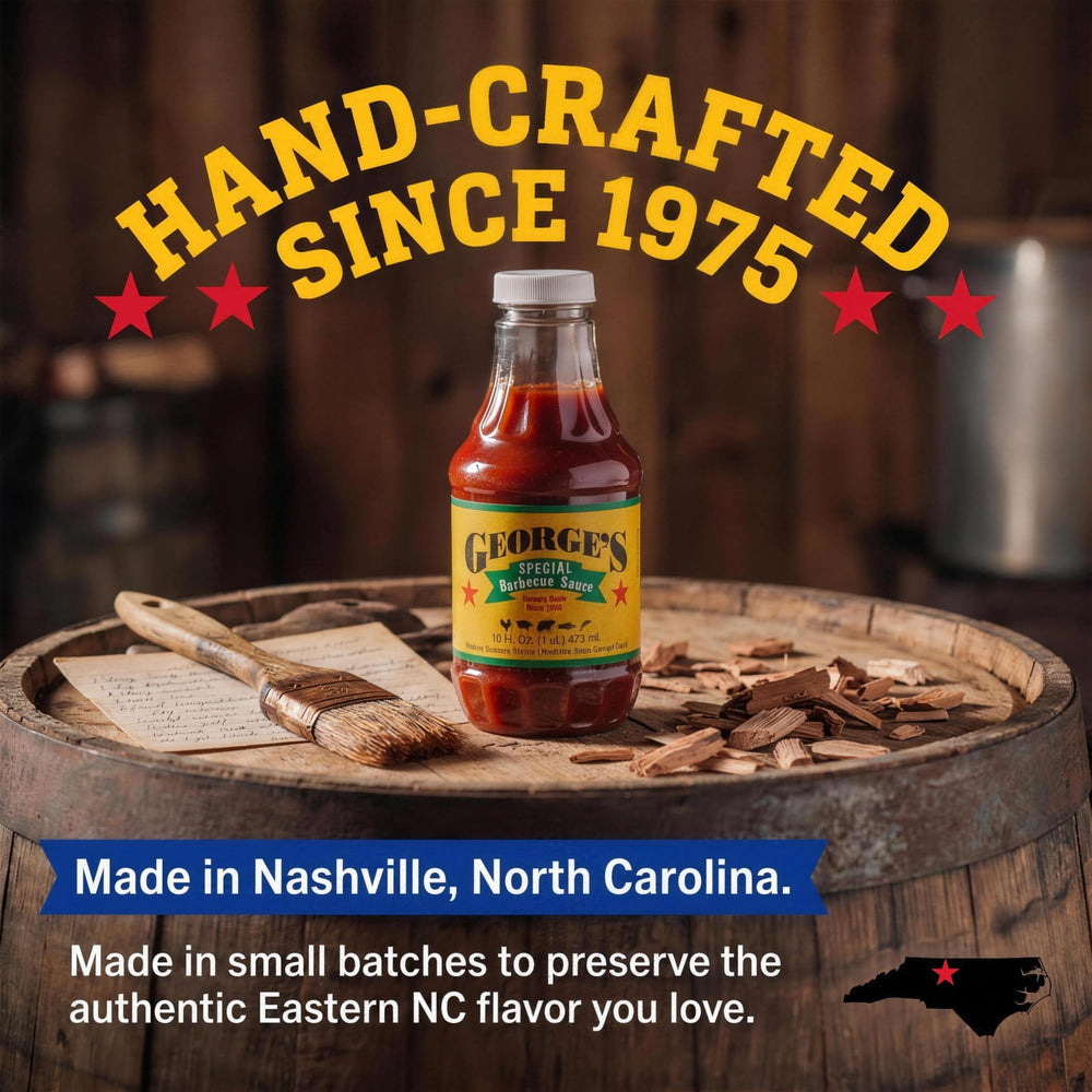 George's Sauces bottle on a backyard grill table suggesting family-friendly barbecues