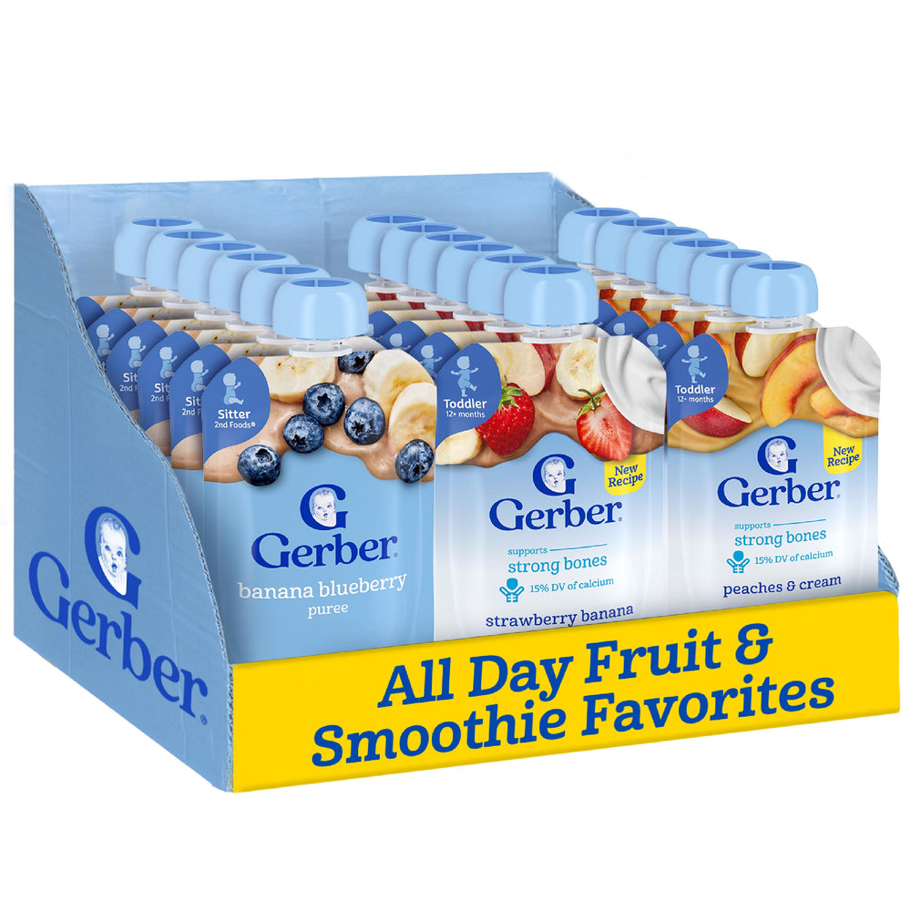 Gerber front packshot showing 18-count variety pouches, convenient and portable