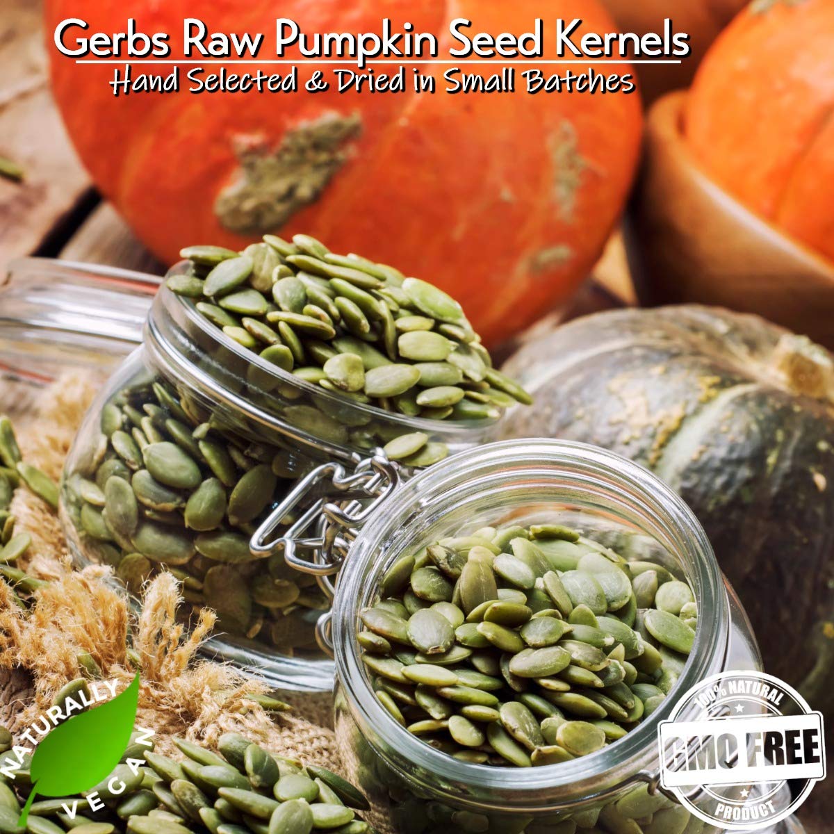 GERBS pumpkin seed kernels in bowl ready to sprinkle, offering easy recipe use