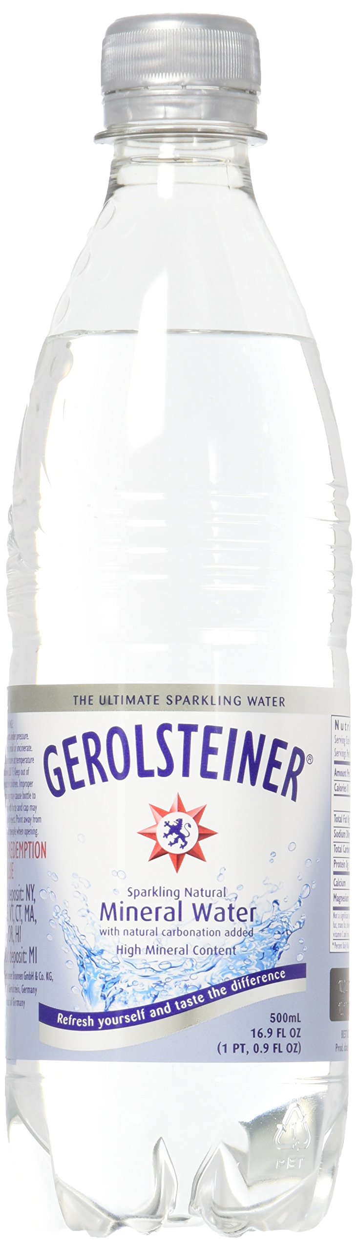 Gerolsteiner front bottle sparkling water showing label and refreshing bubbles