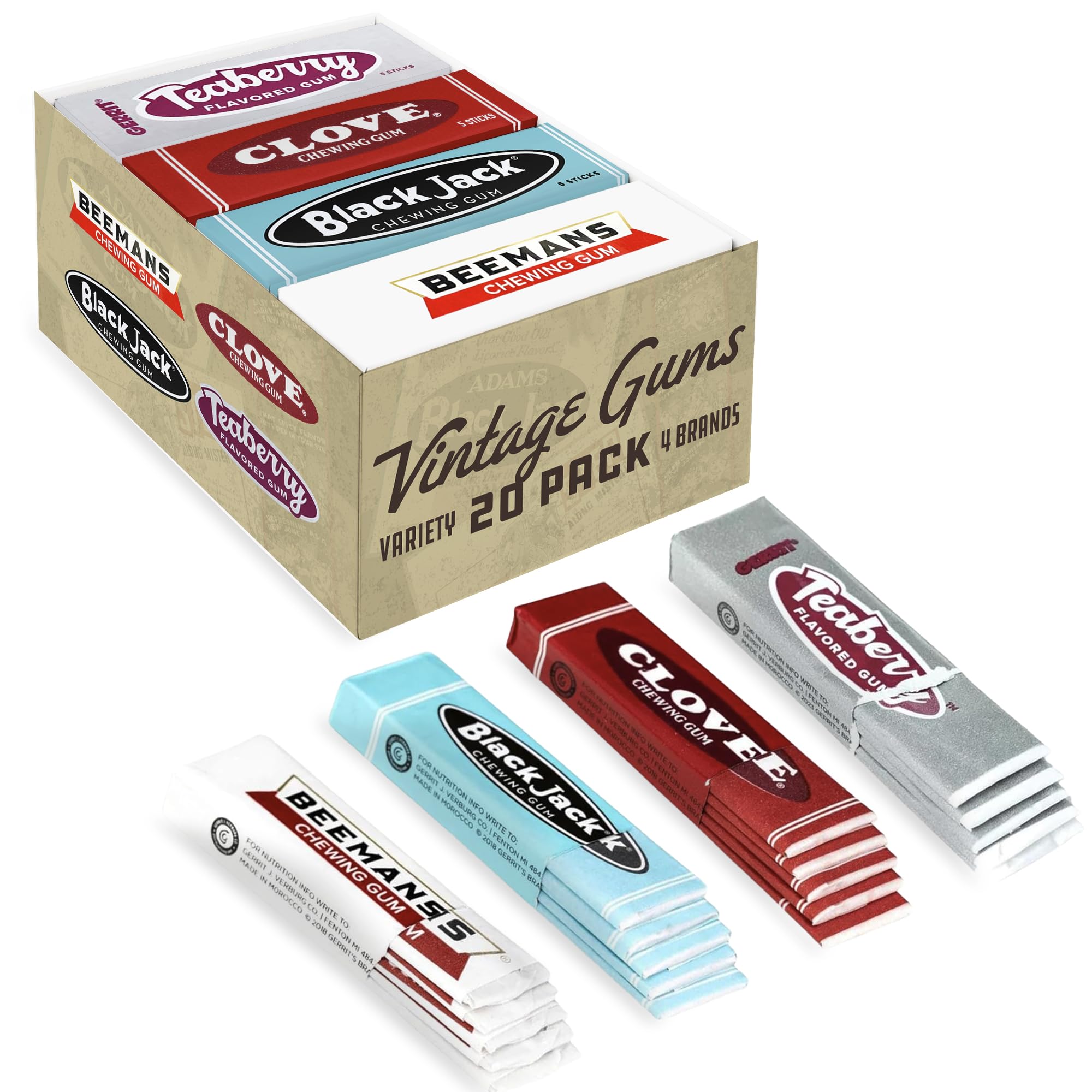 Gerrit's front packaging showing all four gum flavors and branding benefits