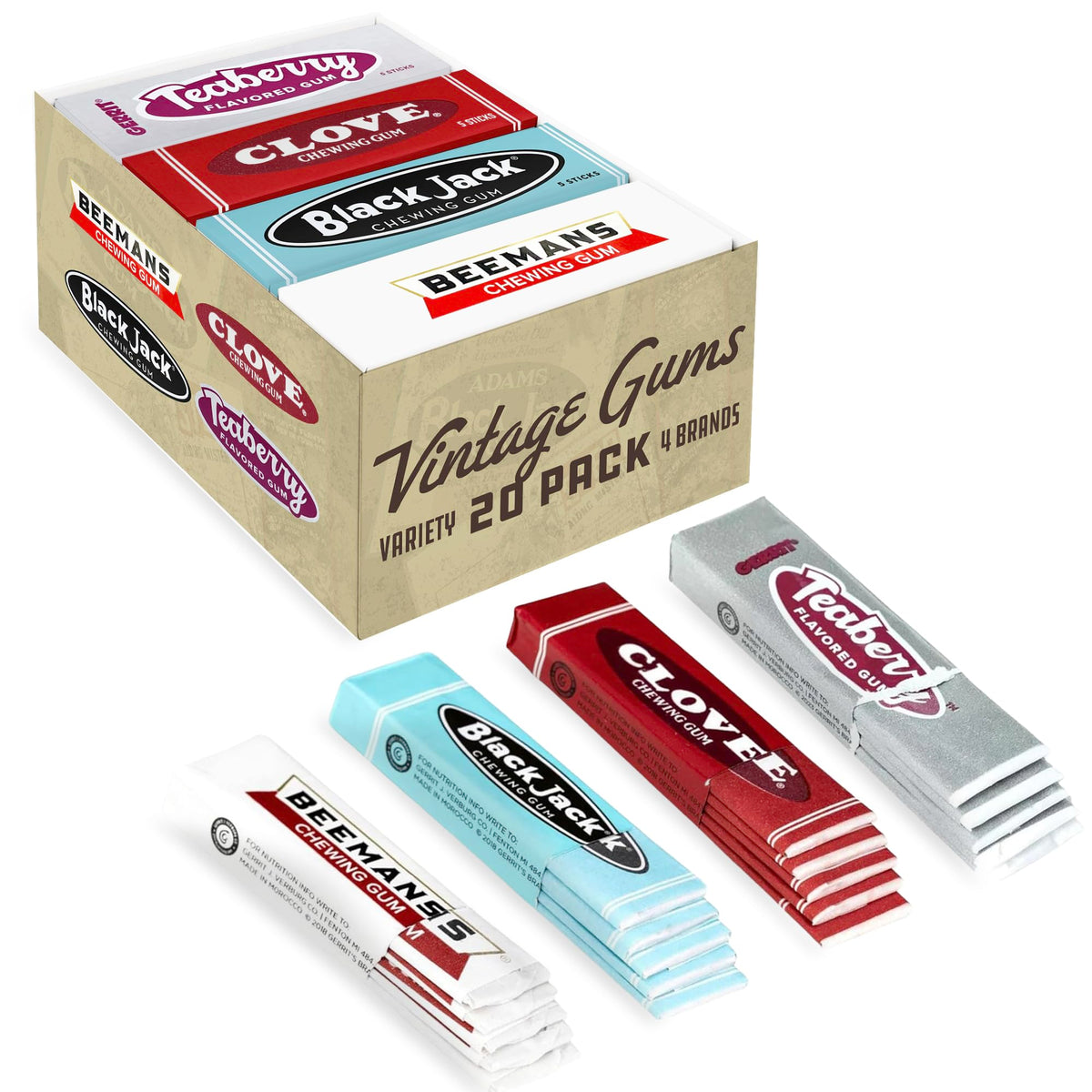 Gerrit's front packaging showing all four gum flavors and branding benefits