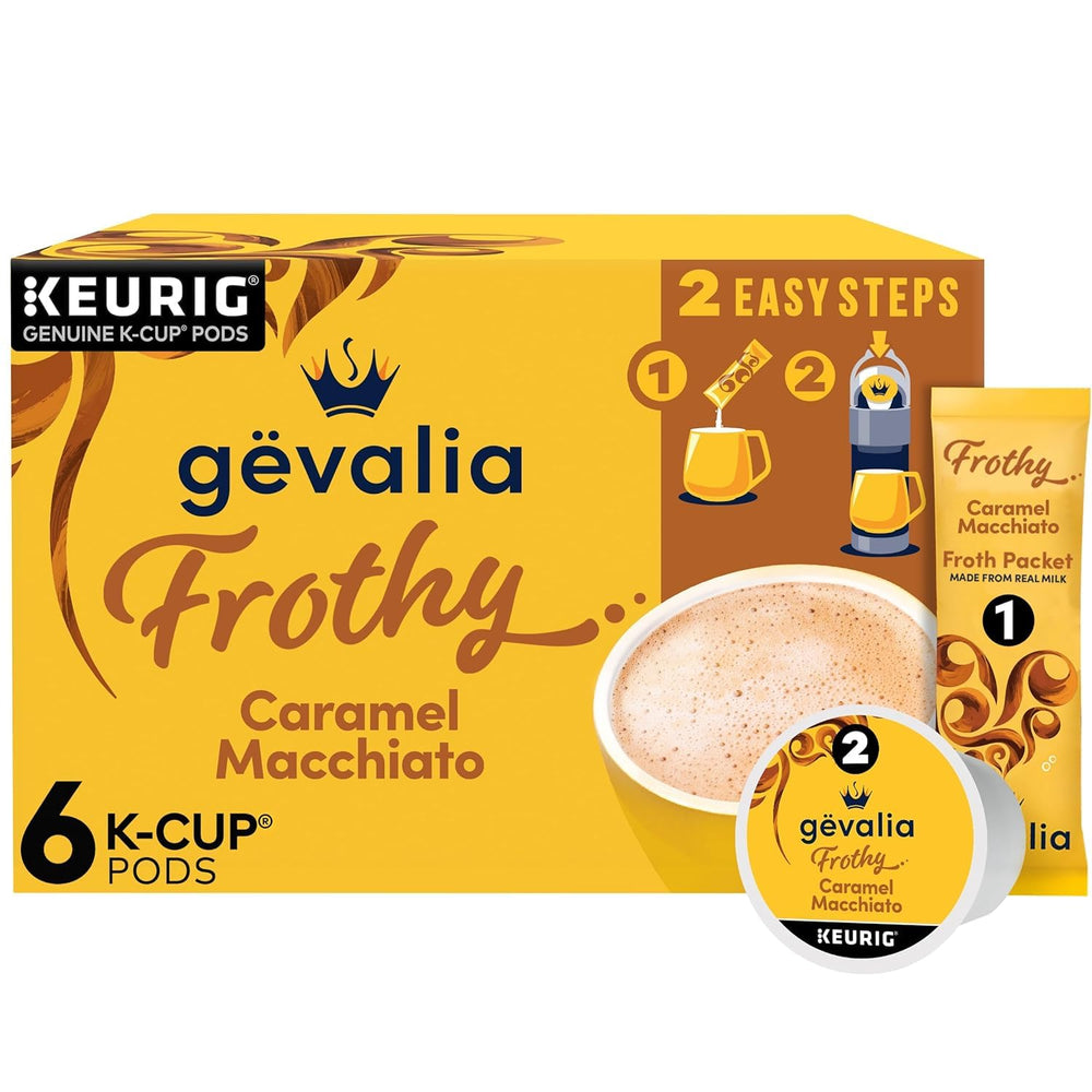 Gevalia box front view showing product and caramel macchiato benefit