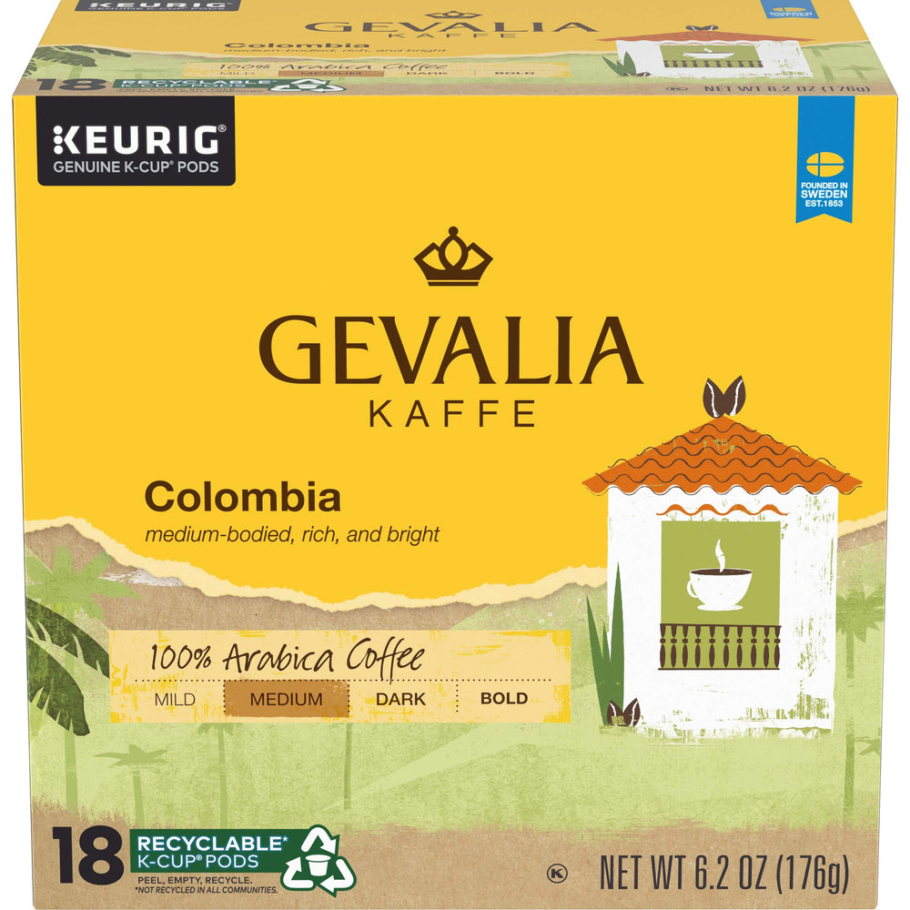 Gevalia front packaging showing 18-count box and convenient pods for freshness