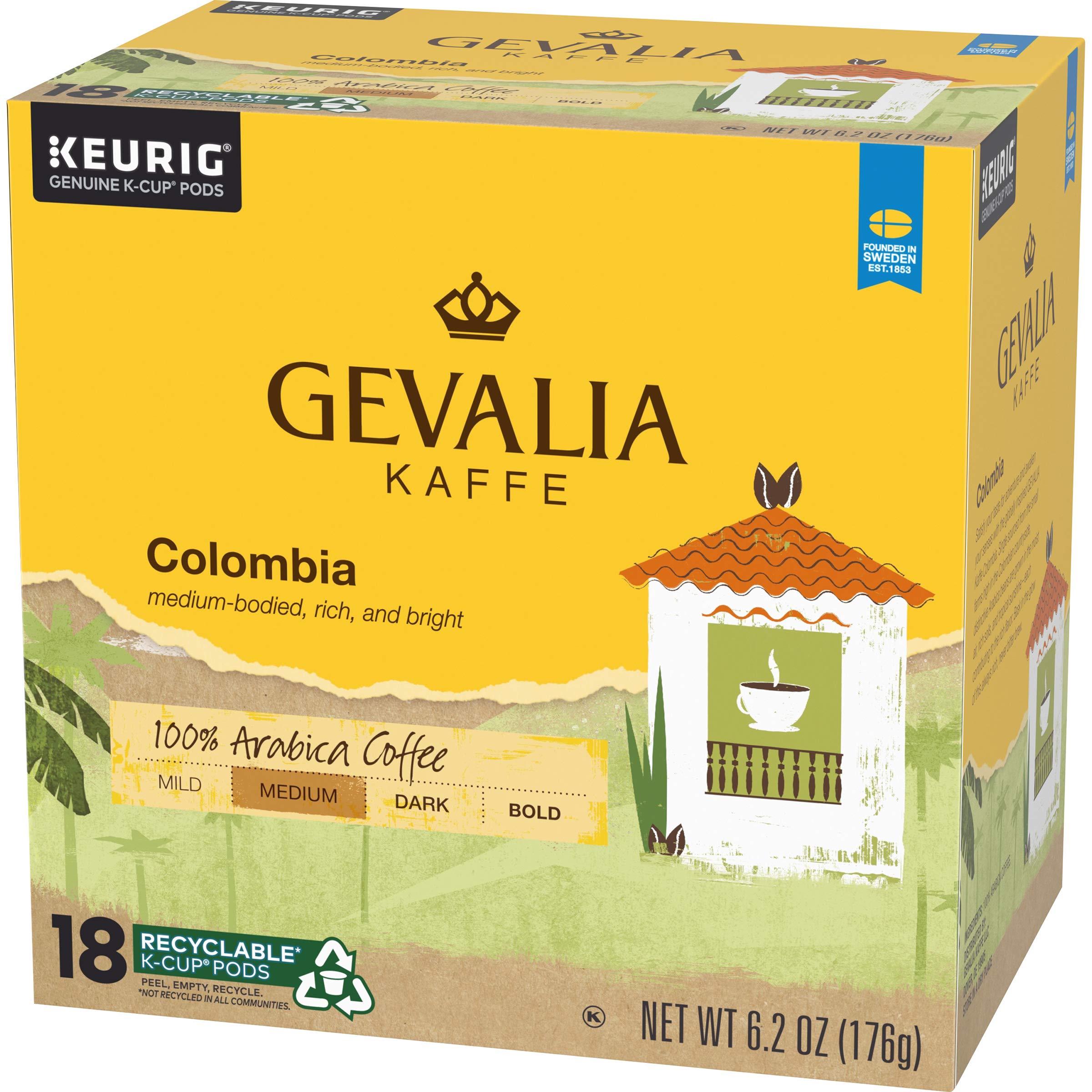 Gevalia brewed cup in kitchen setting emphasizing bright medium-bodied flavor