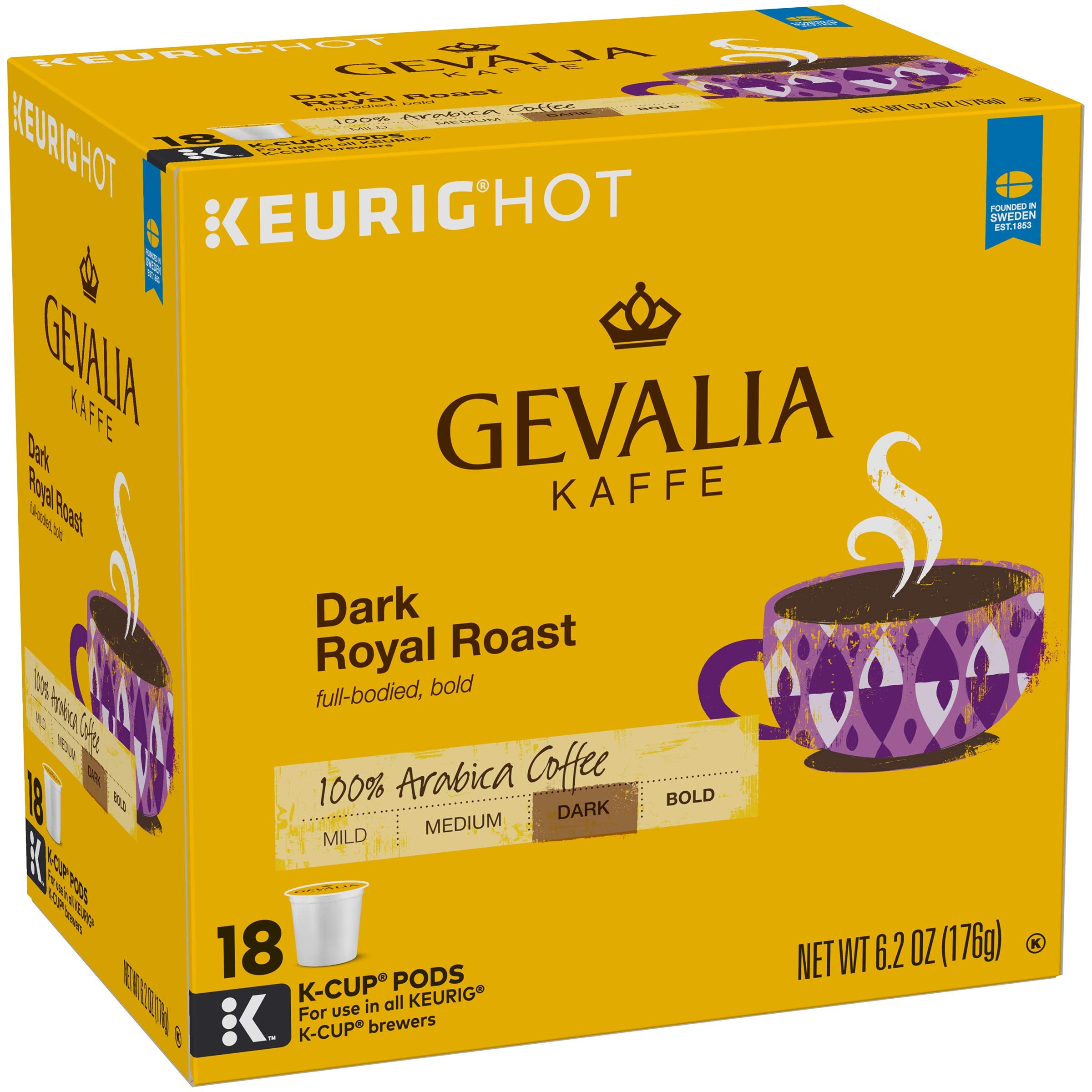 Gevalia pod beside roasted Arabica beans showing portion size